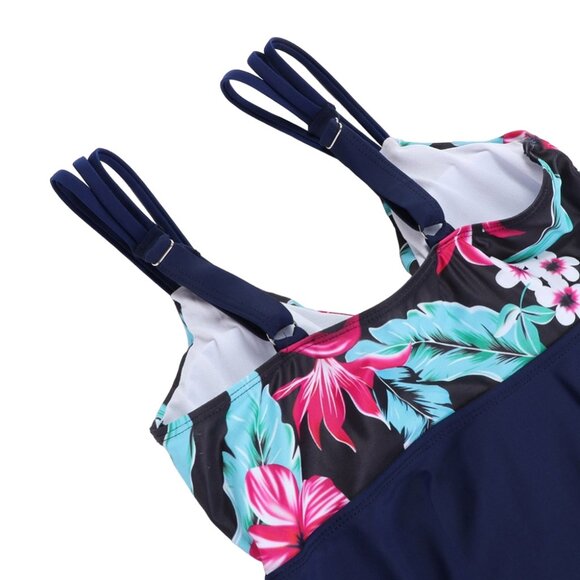 Floral Print Upper Two-Piece Swimsuit Navy Blue Tankini Swim Dress Beachwear - Picture 8 of 10